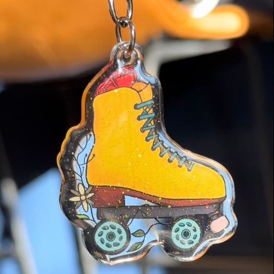 Floral Roller Skate Sparkly Acrylic Keychain