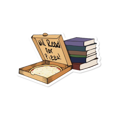 pizza box with a stack of books with text "will read for pizza"