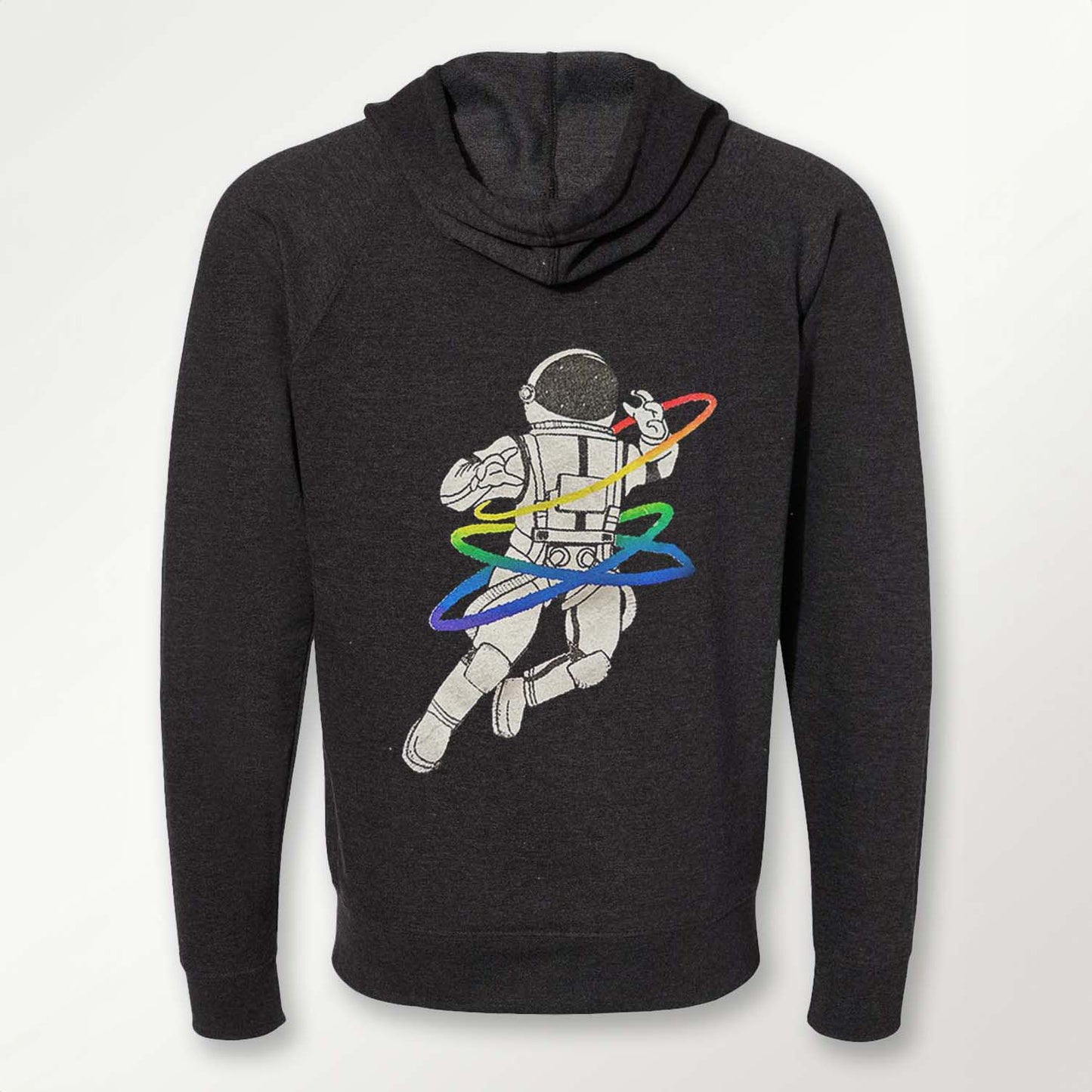 the back of a dark heather grey hooded sweatshirt featuring a rainbow gay astronaut graphic
