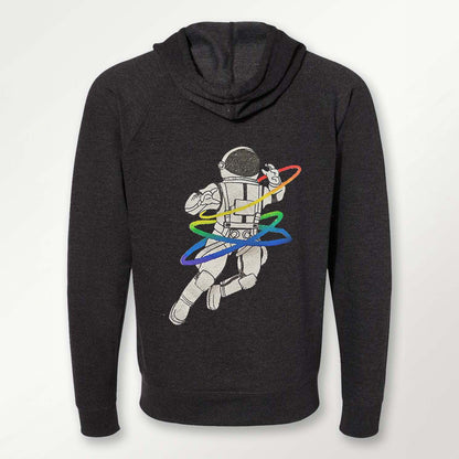 the back of a dark heather grey hooded sweatshirt featuring a rainbow gay astronaut graphic