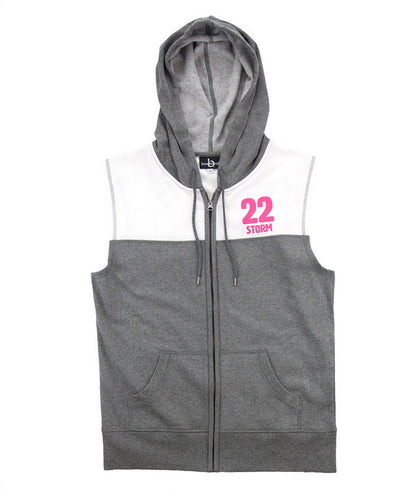 front of grey and white sleeveless zip up hoodie