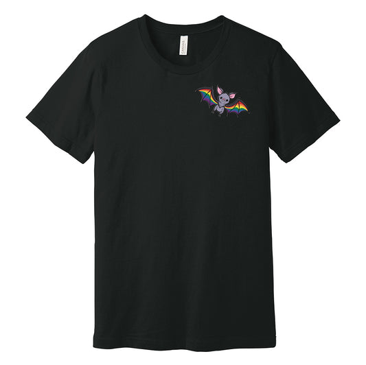 black Bat Subtle LGBTQ+ Pride T-Shirt in rainbow lgbt pride flag colors