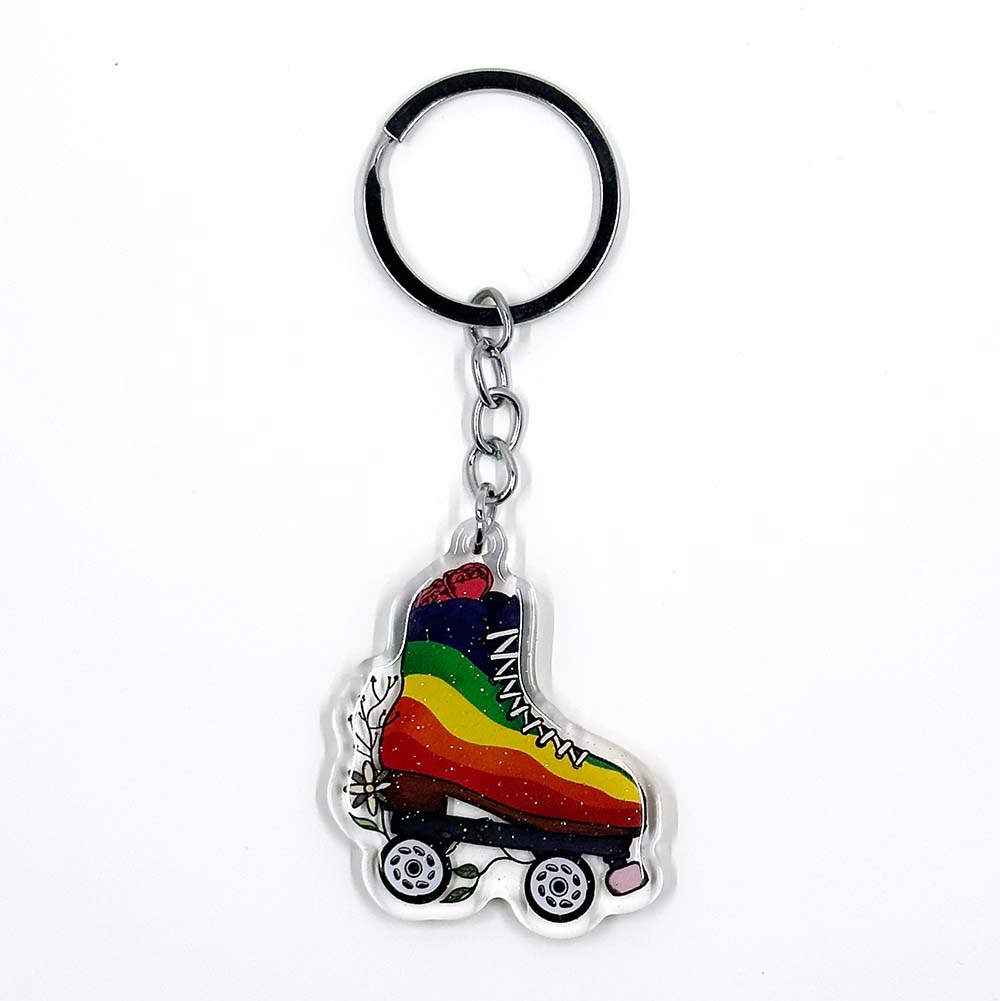Rainbow Floral Roller Skate Sparkly Acrylic Keychain