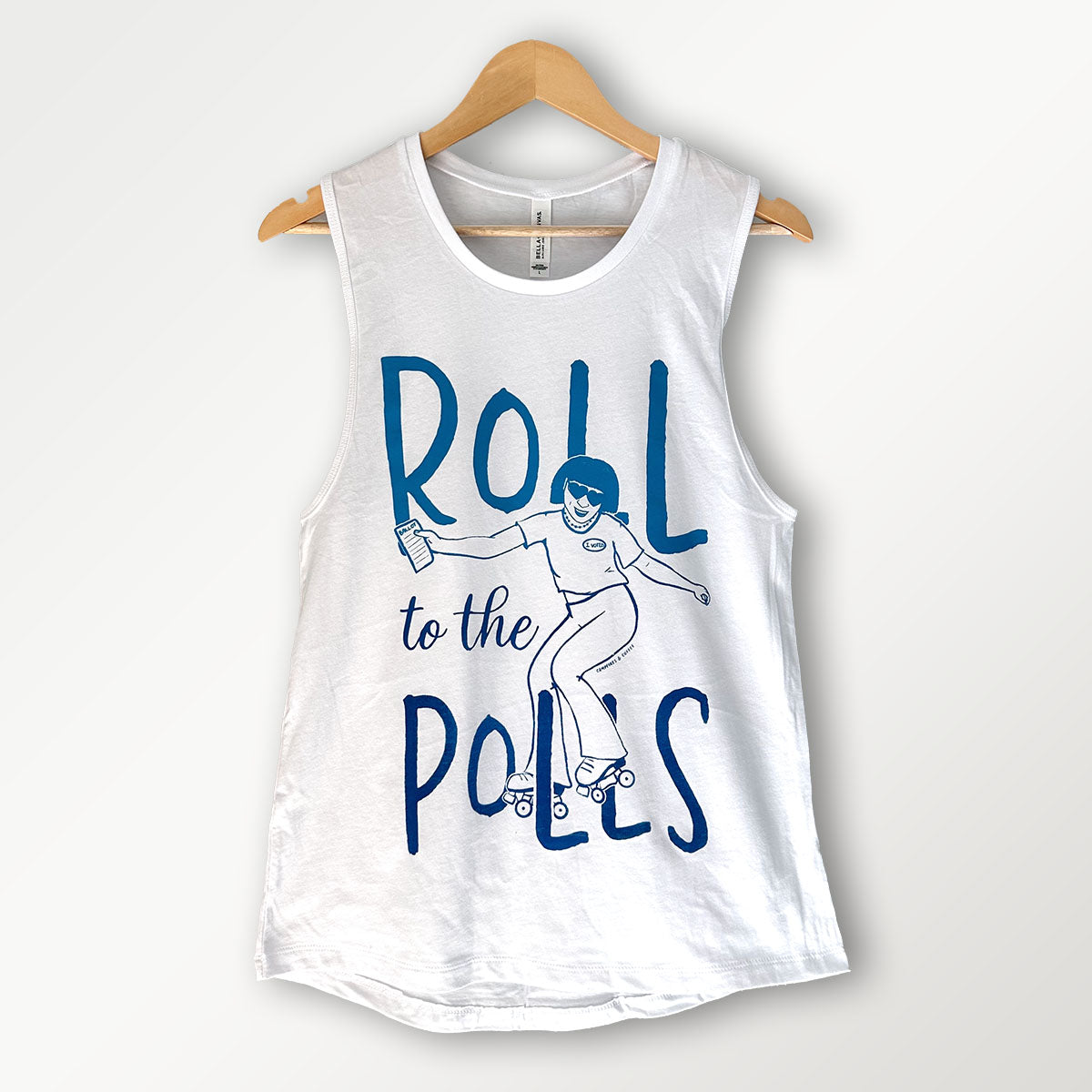 white tank top with roll to the polls text and a graphic of a woman skating in blue