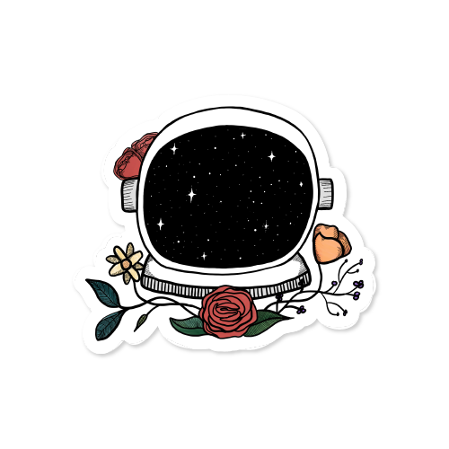 sticker featuring an illustration of an astronaut helmet with cute hand drawn flowers