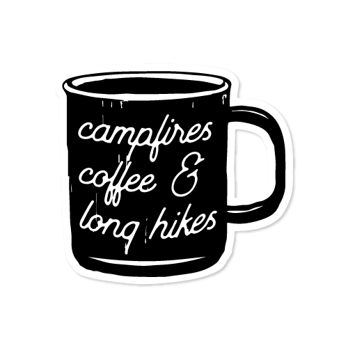 sticker of a black camp coffee mug with the text "campfires, coffee, and long hikes"