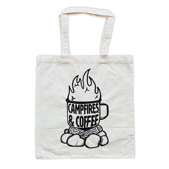 natural canvas tote bag with black screen printed campfires and coffee graphic
