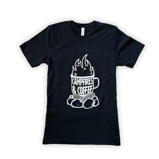 vintage black t-shirt with white screen printed campfires and coffee graphic on the front