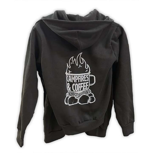 the back of a black sweatshirt featuring white screen printed campfires and coffee graphic