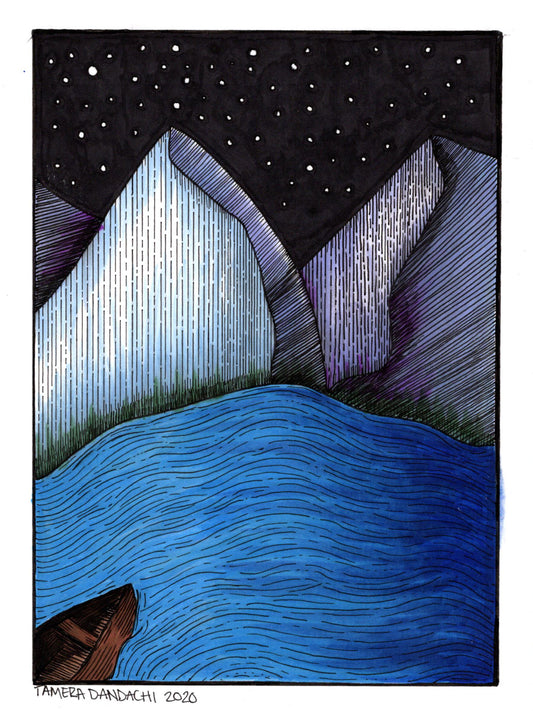 Mountains and Lake Ink Illustration Art Print