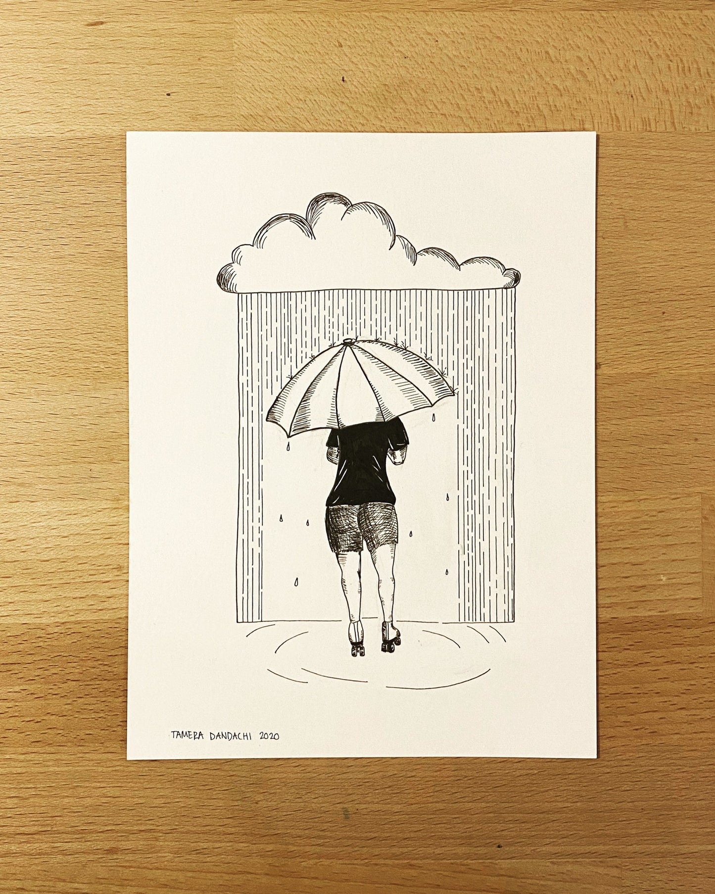 Roller Skater in the Rain with Umbrella Ink Illustration Art Print