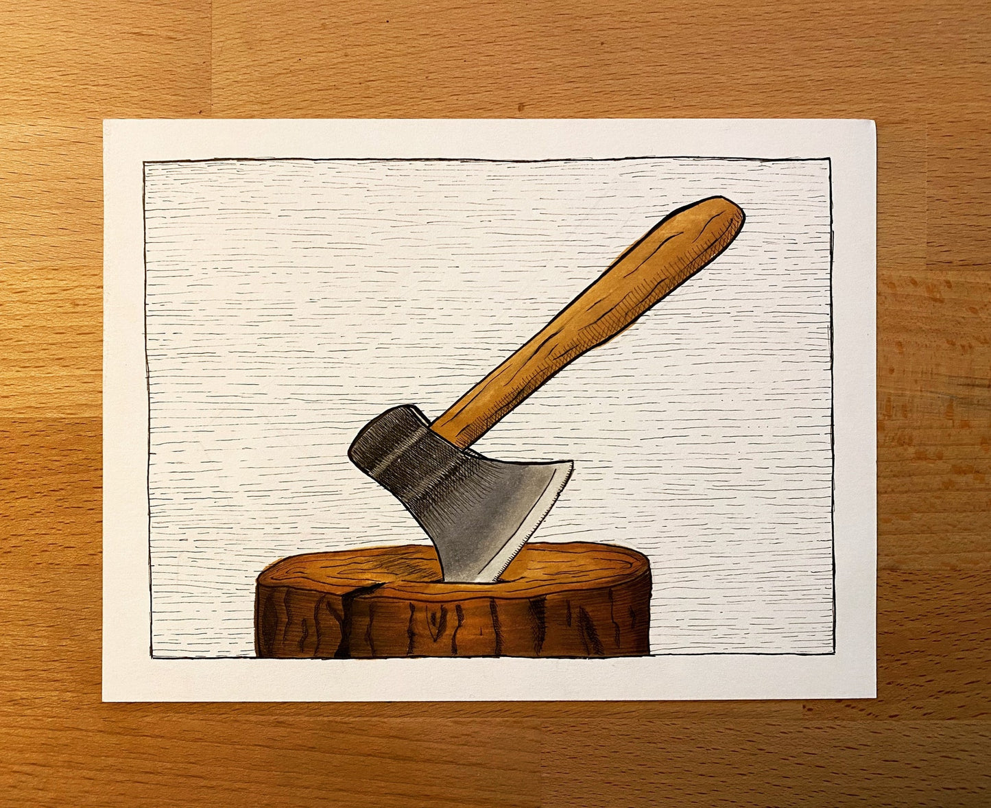 Lumberjack Axe and Tree Stump Ink Illustration Art Print