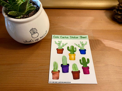 Cute Watercolor Cactus Sticker Sheet