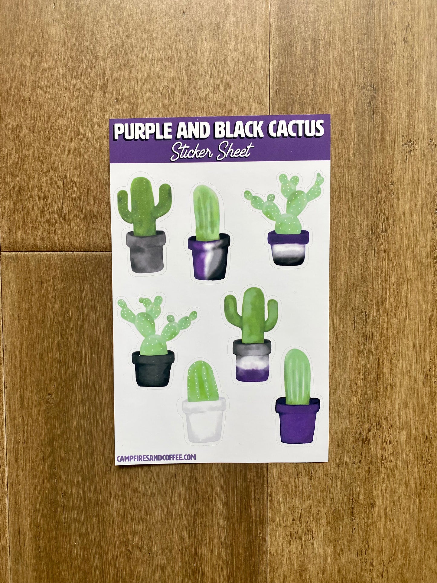 Purple and Black Watercolor Cactus Asexual Pride Sticker Sheet