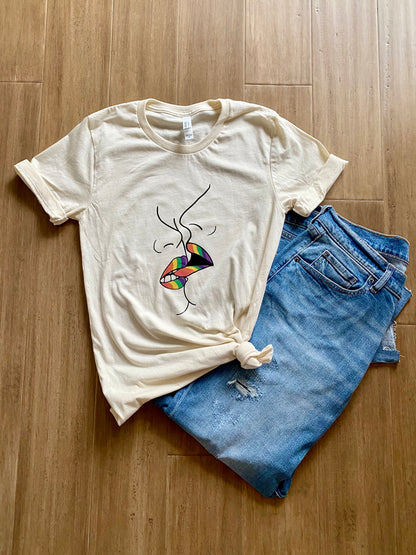 Rainbow Kiss T-Shirt | Natural Cream T-Shirt with Vinyl Graphic