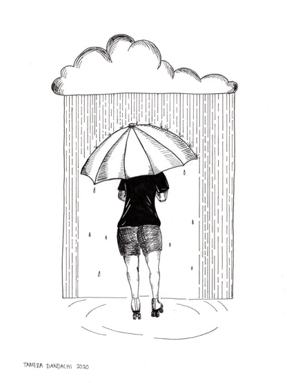 Roller Skater in the Rain with Umbrella Ink Illustration Art Print