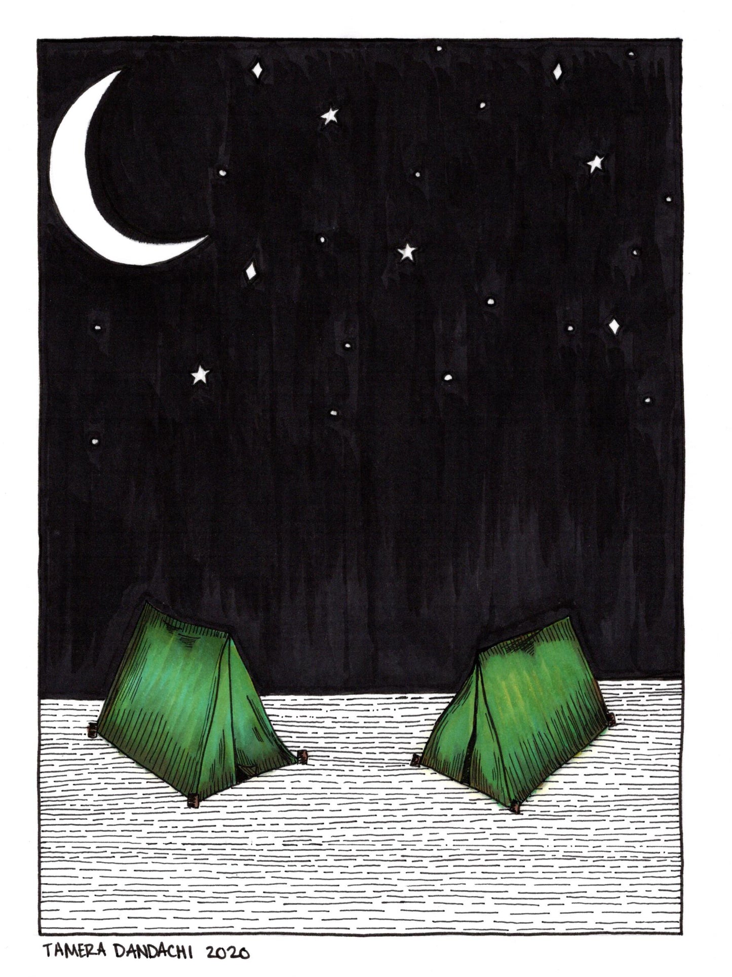 Camping in Tents Ink Illustration Art Print